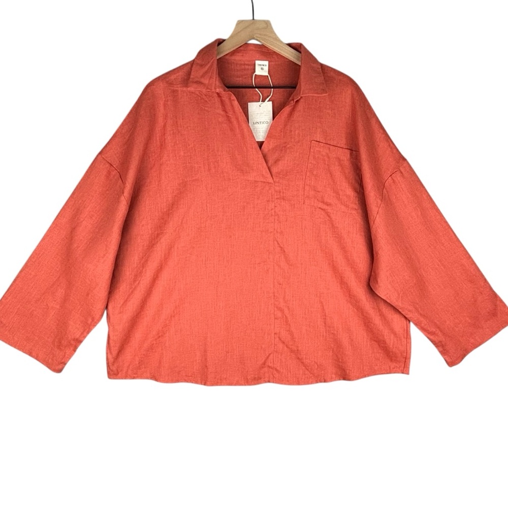 NEW Lintico Top Womens XXL Orange Linen Blend Collar V-Neck Oversized